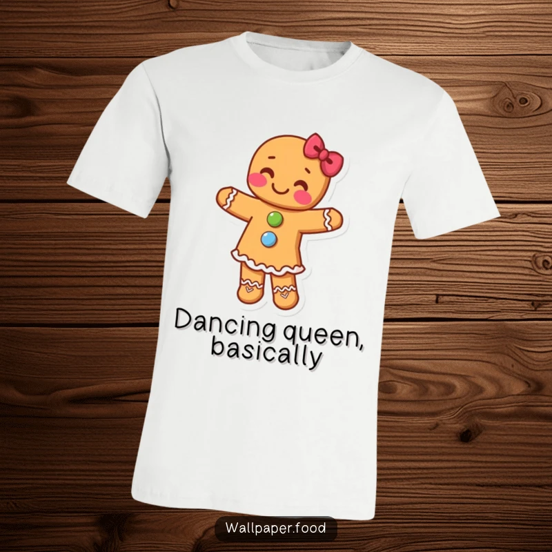 Funny t-shirt showcasing a gingerbread person with candy buttons gleefully dancing, capturing pure holiday excitement.