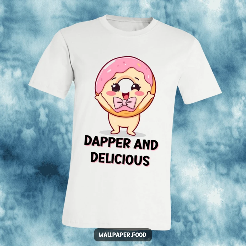 Funny t-shirt of a delighted donut sporting a bow tie, striking a bold and dramatic pose, ready for the spotlight.