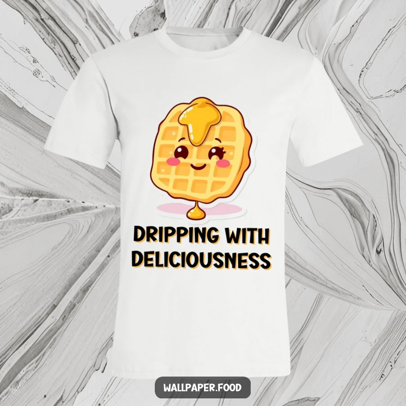 Funny T-shirt of a smiling waffle character with a generous flow of syrup cascading down its textured surface.