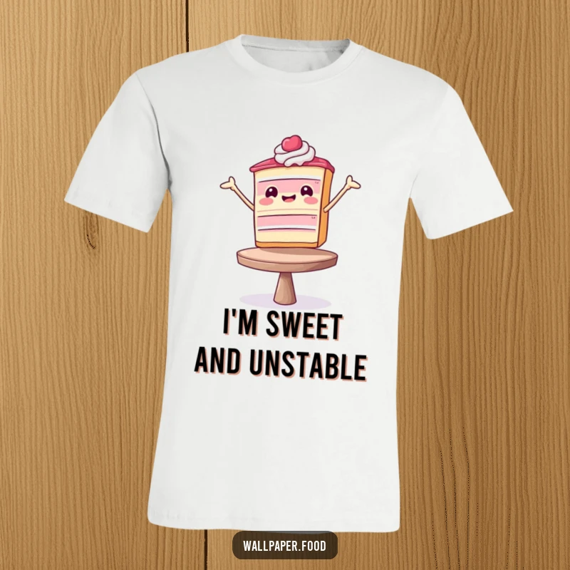 Funny T-Shirt: A cheerful cake slice in mid-balance, radiating joy and a touch of comedic instability, a great funny gift.