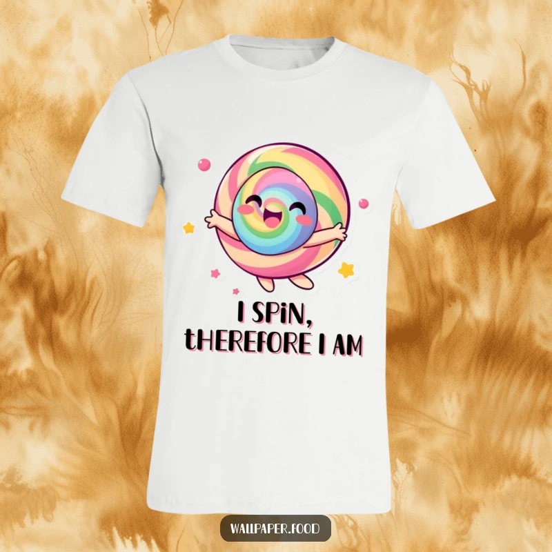 Funny candy character t-shirt, captured mid-joyful spin surrounded by a riot of vibrant colors, showcasing playful energy.