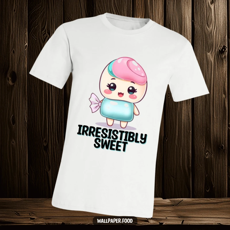 Funny t-shirt featuring a cute candy character with a shiny, shimmering wrapper, perfect for showcasing sweet style.