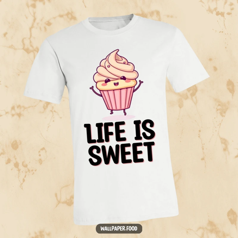 Funny cupcake t-shirt depicting an adorable character with frosting doing a whimsical spin, full of sweet, playful charm.