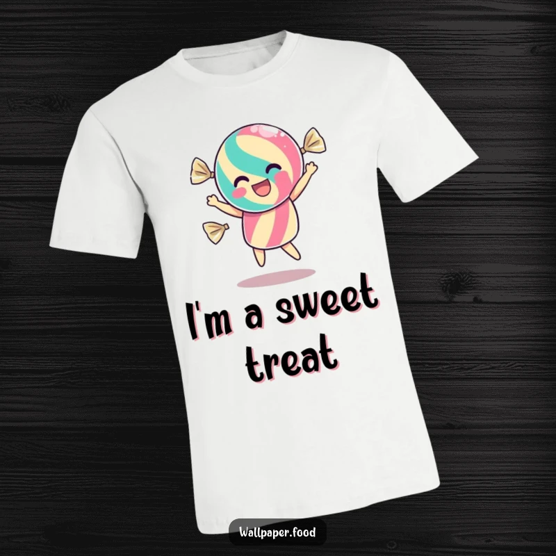 Funny t-shirt depicting a dancing candy character inside its wrapper, shimmering with infectious excitement and a playful, celebratory vibe.