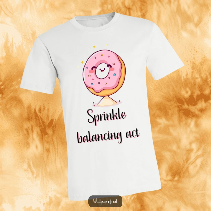 Funny t-shirt design of a happy donut character with a sparkling aura, skillfully balancing on a tiny sprinkle.