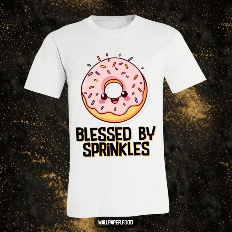 Funny t-shirt featuring a cheerful donut character looking angelic, surrounded by a glowing halo of colorful sprinkles.