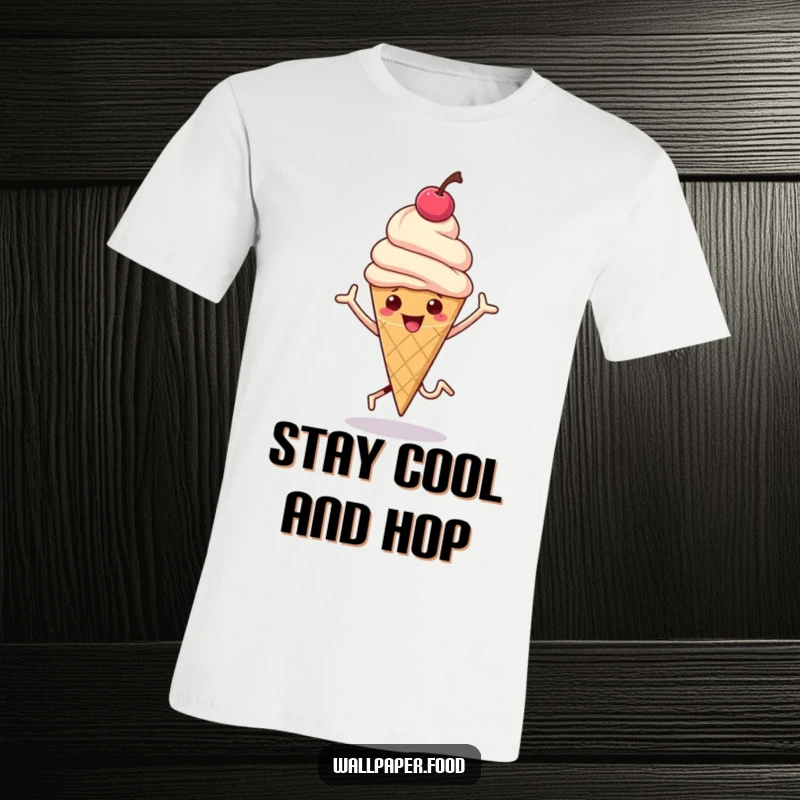 Funny t-shirt featuring a hopping ice cream cone with a cherry on top bouncing, celebrating sweet fun.