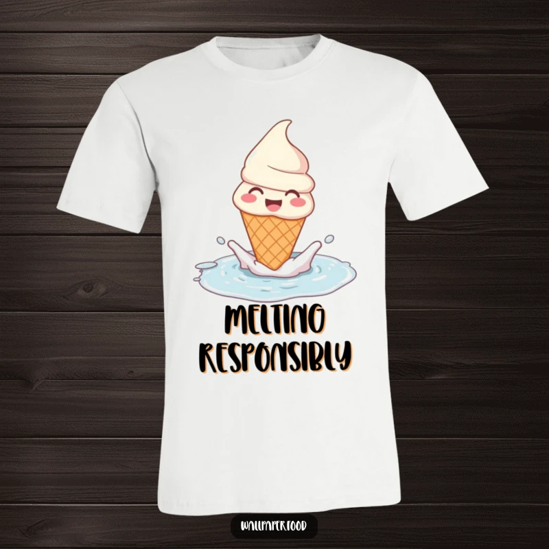 Funny ice cream cone t-shirt character joyfully splashing in a puddle, embodying carefree playfulness. A delightful treat.