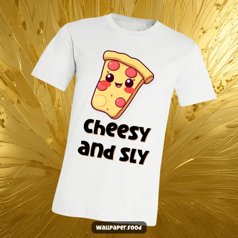 Funny t-shirt featuring a pizza slice sliding with a mischievous grin on its crust, full of playful energy.