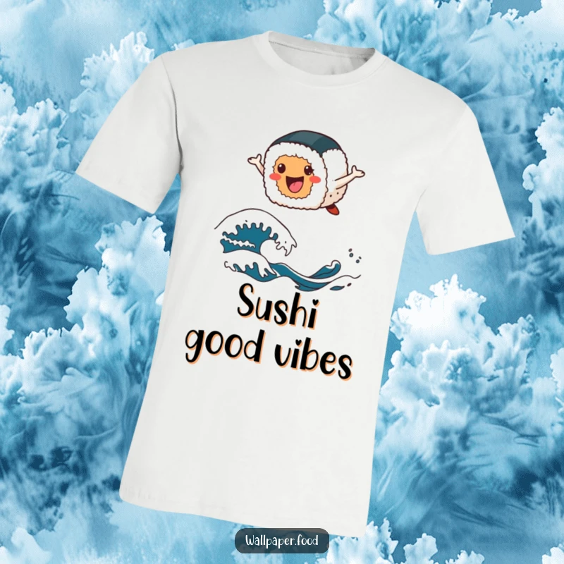 Funny sushi t-shirt showing a cheerful sushi roll character happily leaping over stylized wave patterns, embodying playful energy.