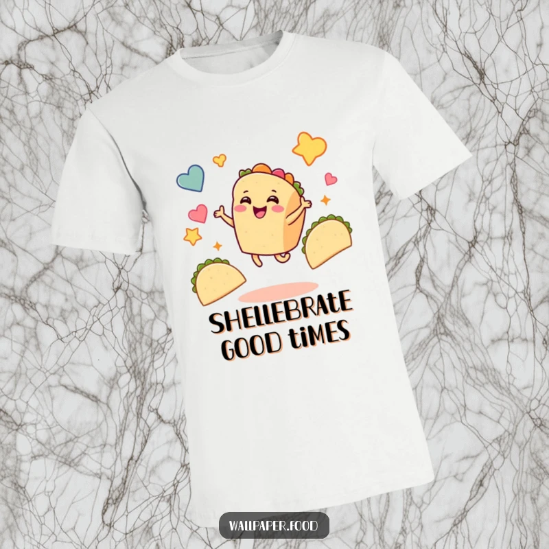 Funny taco t-shirt showcasing a smiling taco character energetically dancing through a shower of taco shapes, radiating pure happiness.