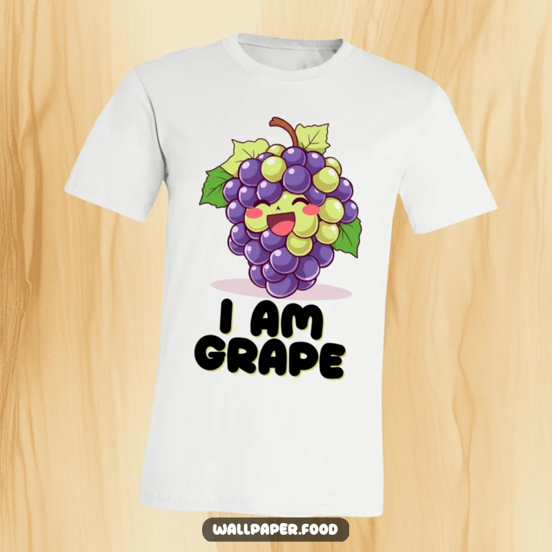 Funny Giggling Grapes T-Shirt showing a bunch of grapes erupting in uncontrollable, happy laughter, ideal for a funny gift.