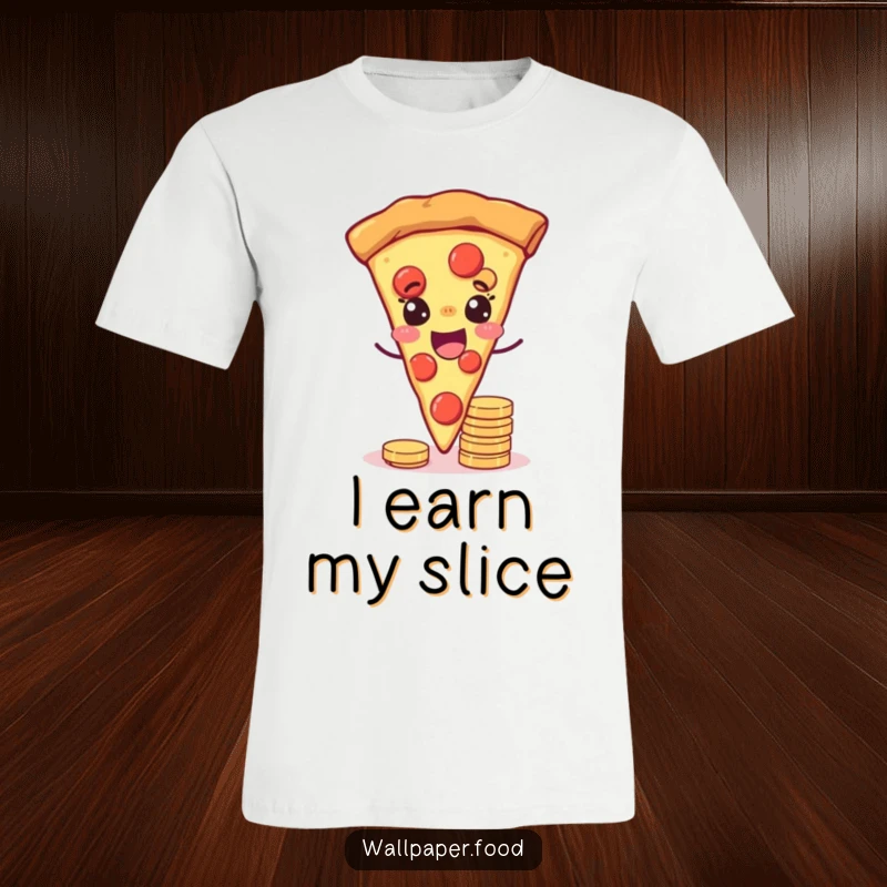 Funny t-shirt depicting a joyful pizza slice with eyes winking while balancing coins, symbolizing luck and good fortune.