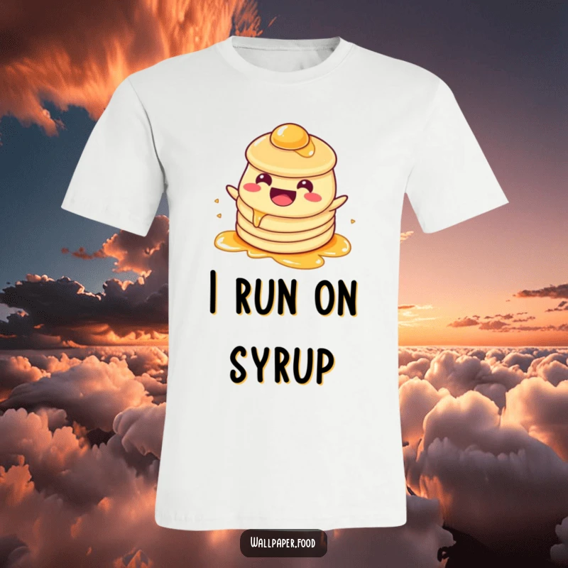 Funny T-Shirt: A happy pancake character gleefully sloshing in syrup, radiating pure breakfast bliss and messy, joyful delight.