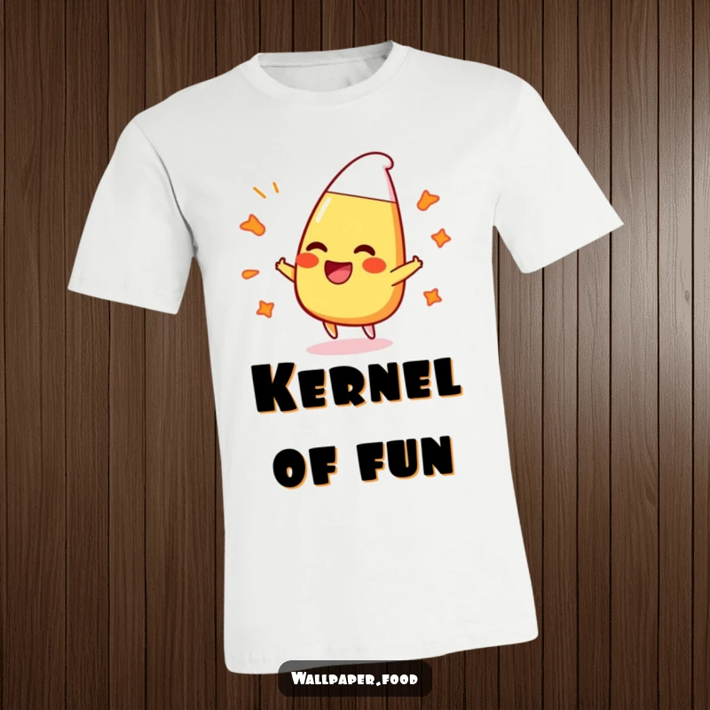 Funny t-shirt showcasing a gleeful candy corn character laughing heartily while bouncing off energetic, bubbly patterns.