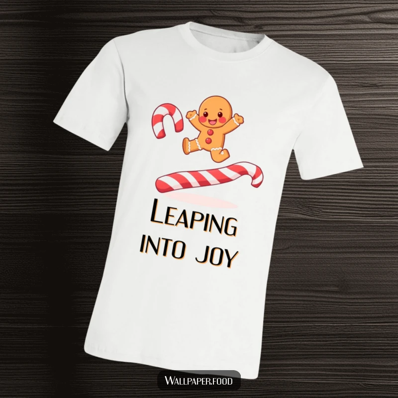 A joyful gingerbread man mid-leap over candy cane stripes on a t-shirt, capturing festive and funny holiday spirit.