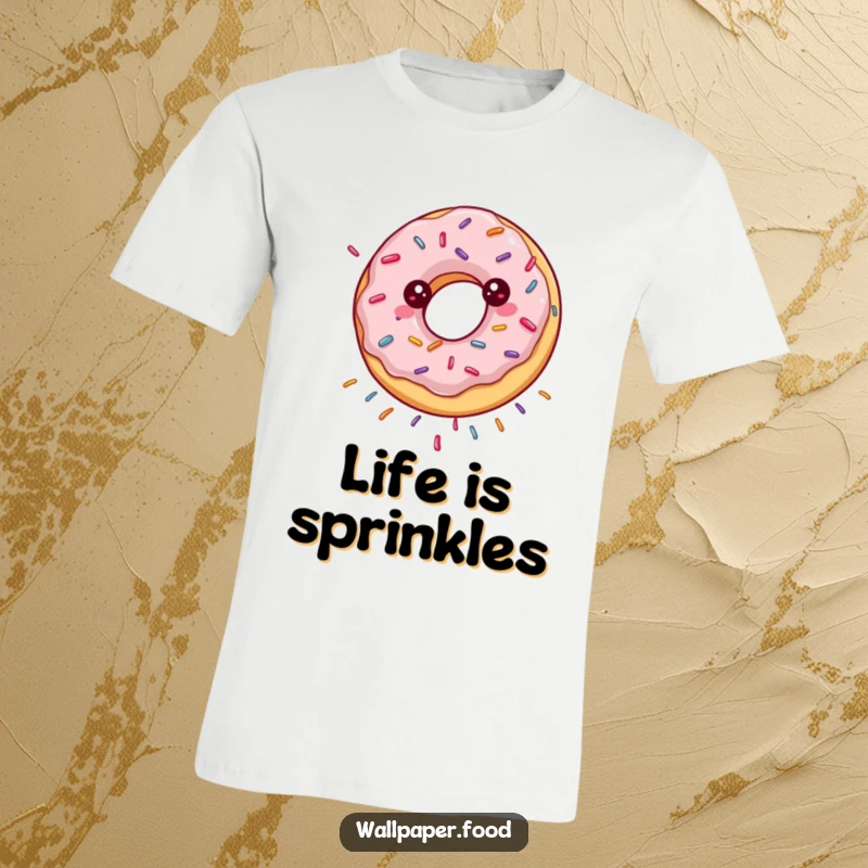 Funny t-shirt featuring a spinning donut with sprinkles showering down happily, celebrating sweetness and fun.