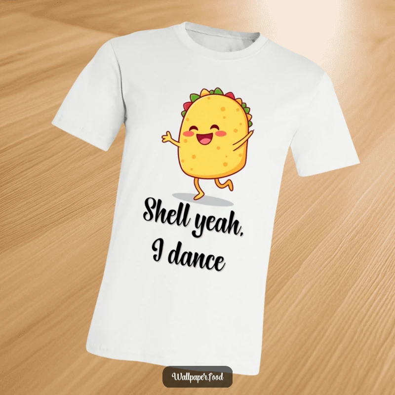 Funny t-shirt depicting a smiling taco with legs enthusiastically performing a jig, radiating pure fiesta happiness. A funny gift.