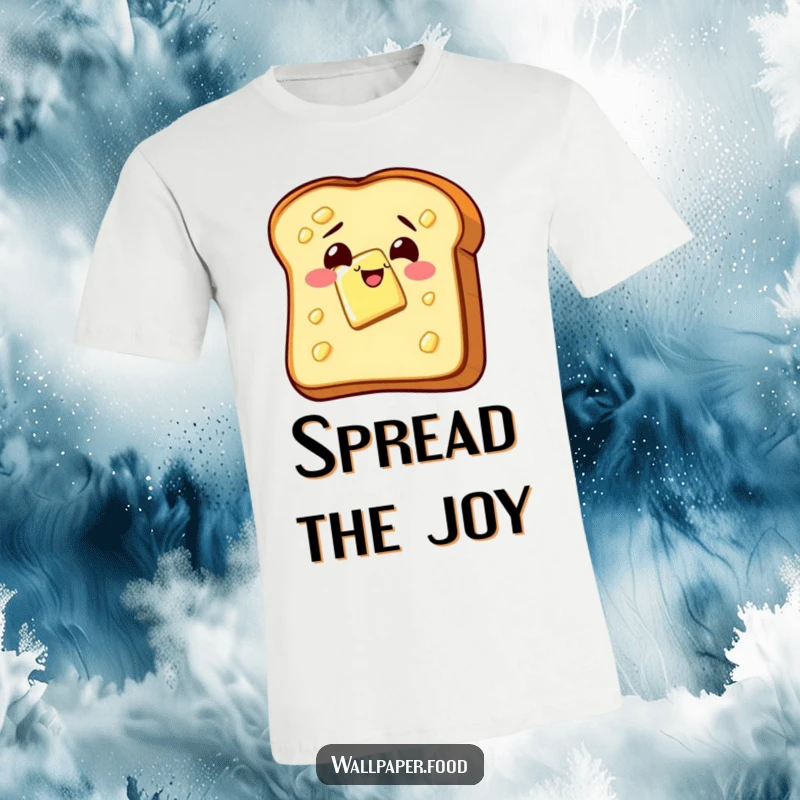 Funny t-shirt depicting a slice of buttered toast wiggling with immense glee, showcasing a cheerful and humorous breakfast character.