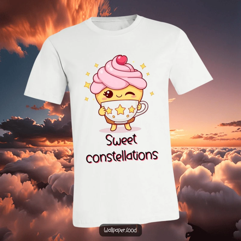 Funny cupcake t-shirt showing a winking cupcake character charmingly offering a teacup made of twinkling stars, radiating magic.