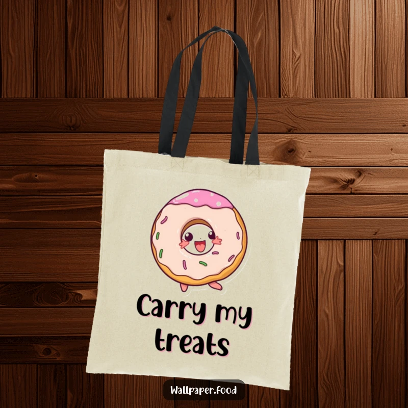 Funny tote bag showcasing a doughnut character in a joyful spin, perfect for carrying essentials with sweet style.