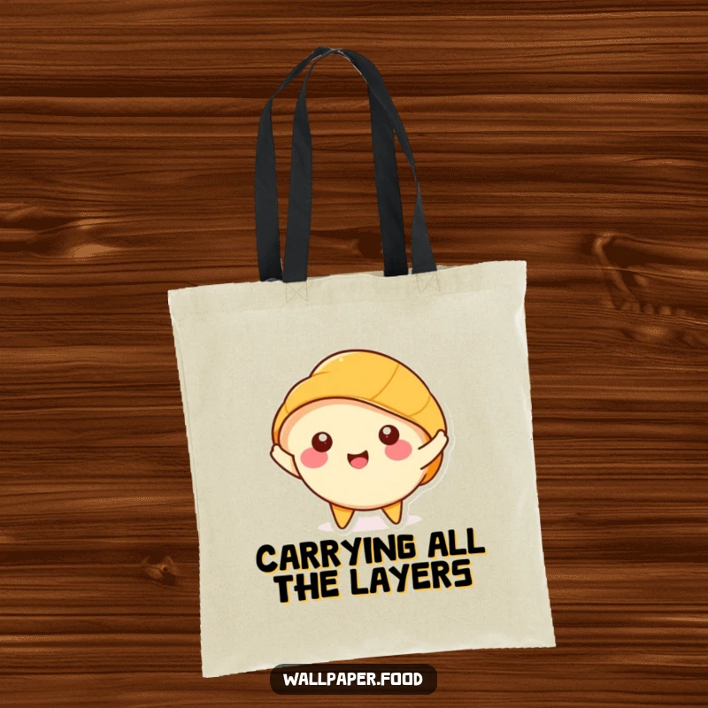 Funny Croissant Tote Bag: Happy character happily stretching its layers, a practical and humorous accessory.