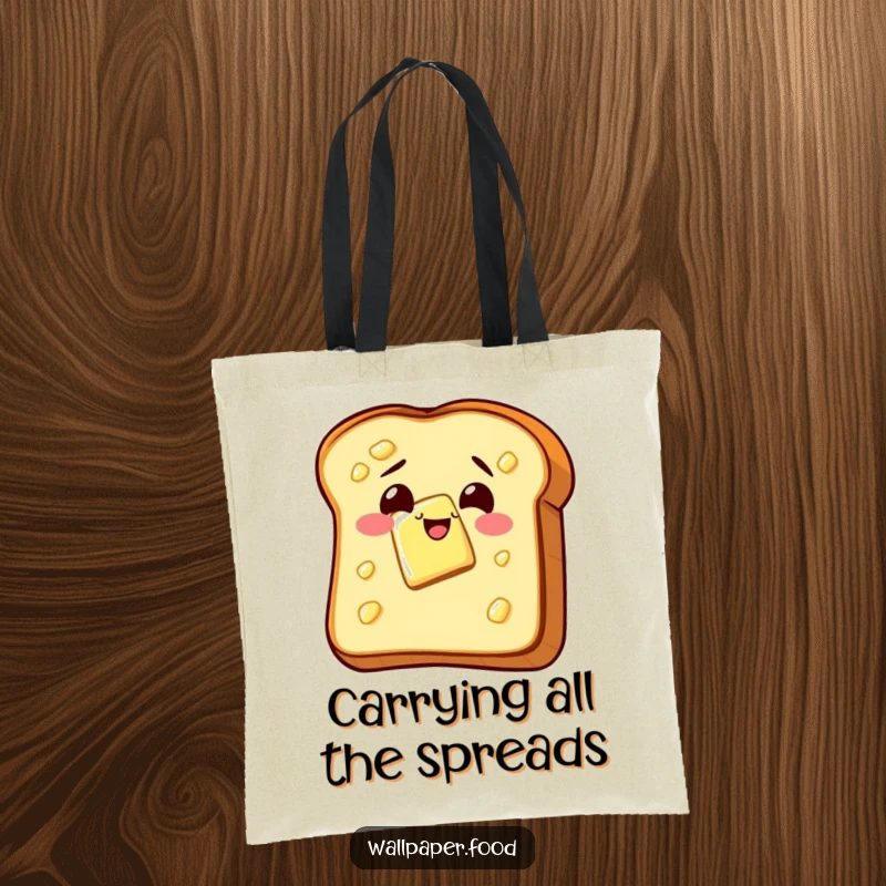 Funny tote bag illustrating a slice of buttered toast wiggling with glee, perfect for carrying essentials with a humorous breakfast twist.