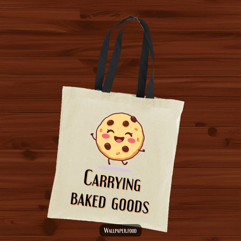 Funny cookie tote bag showing a smiling character with chocolate chips doing a joyful hop, perfect for stylishly carrying essentials.