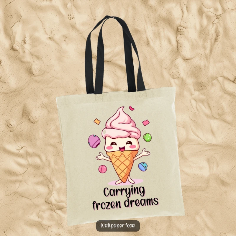 Funny Ice Cream Cone Tote Bag, a delightful character juggling colorful scoops, perfect for carrying treats and smiles.