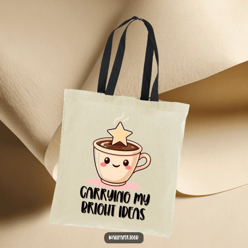 Funny tote bag featuring a coffee cup character with steam artfully shaped like a star, a whimsical and practical accessory.
