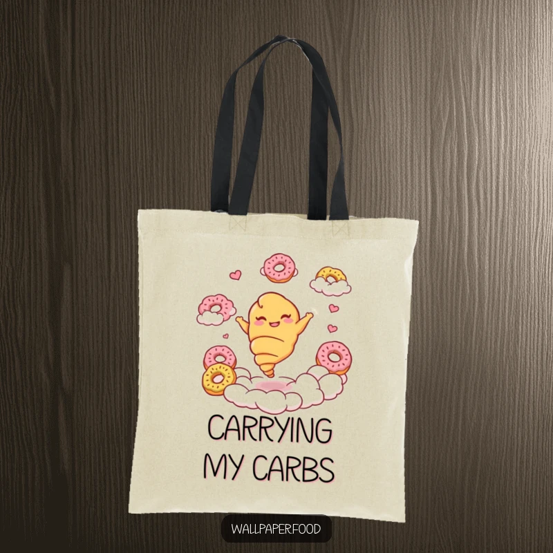 Funny croissant tote bag with a giggling croissant character twirling joyfully amongst donut clouds, perfect for carrying treats.