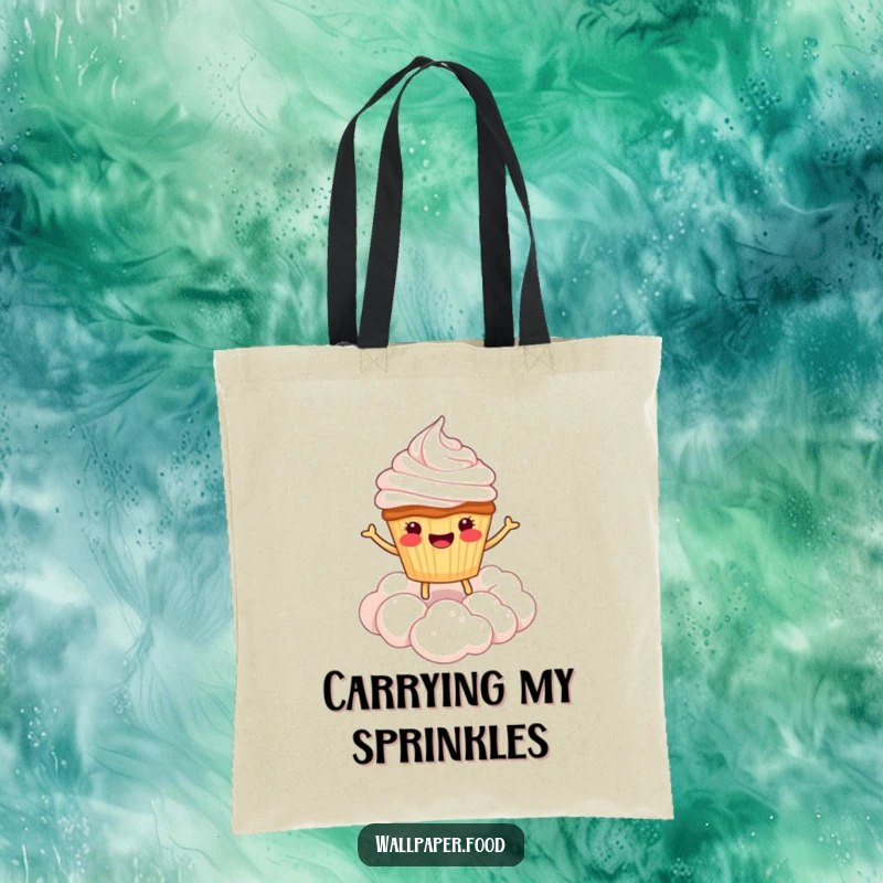 Funny tote bag featuring a smiling cupcake character bouncing on a cloud of whipped cream, ready to carry your essentials.
