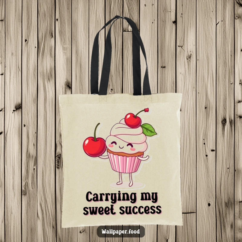 Funny tote bag featuring a smiling cupcake character precariously balancing a huge cherry, a whimsical and humorous accessory.
