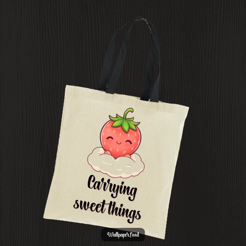 Funny blushing strawberry character on a cream cloud, showcased on a durable tote bag, a sweet and funny accessory.