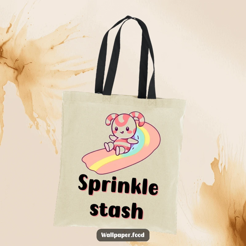 Funny tote bag featuring a happy candy cane character sliding down a colorful rainbow made of delicious-looking sprinkles.