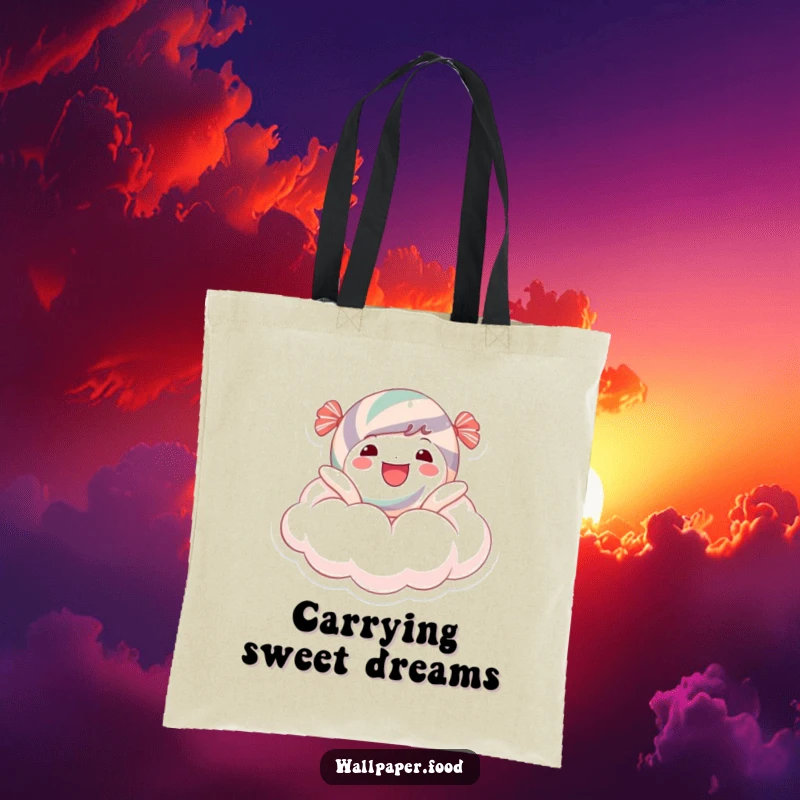 Funny Tote Bag: A joyful candy character floating on a sugary cloud, perfect for carrying essentials with a side of sweet, dreamy fun.