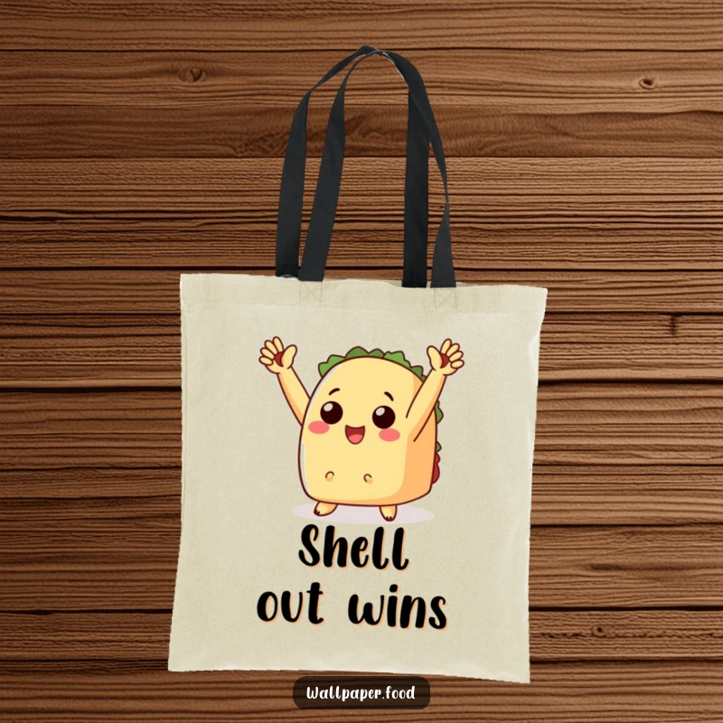 Funny tote bag featuring a taco with tiny arms raised in triumph, perfect for carrying essentials with celebration.