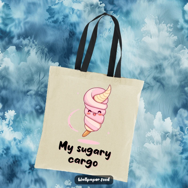 Funny tote bag showcasing a twirling churro character leaving a sugar trail, perfect for carrying essentials with a sweet and humorous twist.