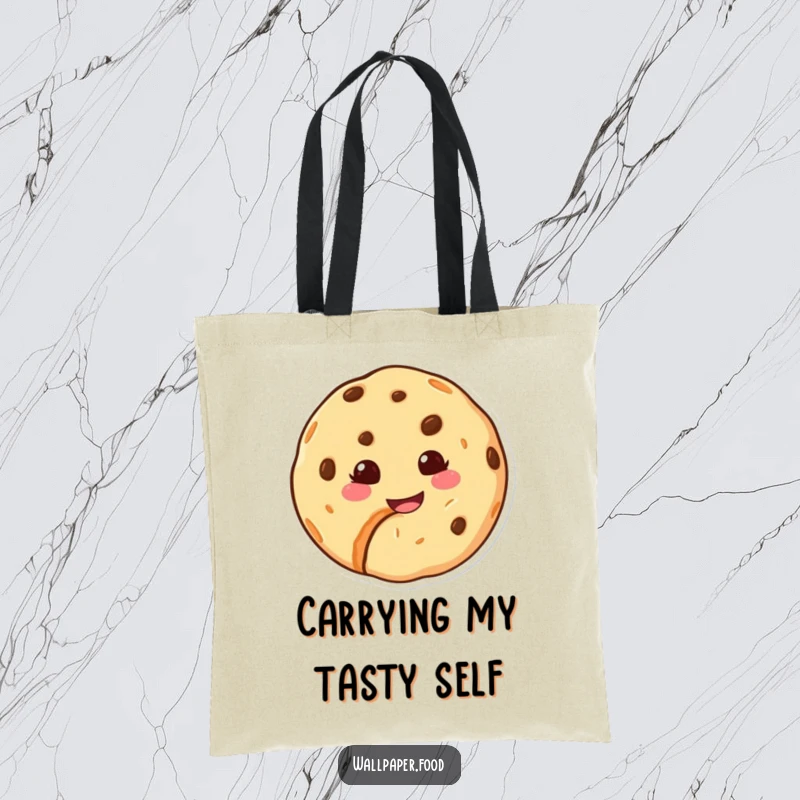 Funny tote bag featuring a happy cookie character with a bite taken out and a sweet grin, a whimsical and practical accessory.