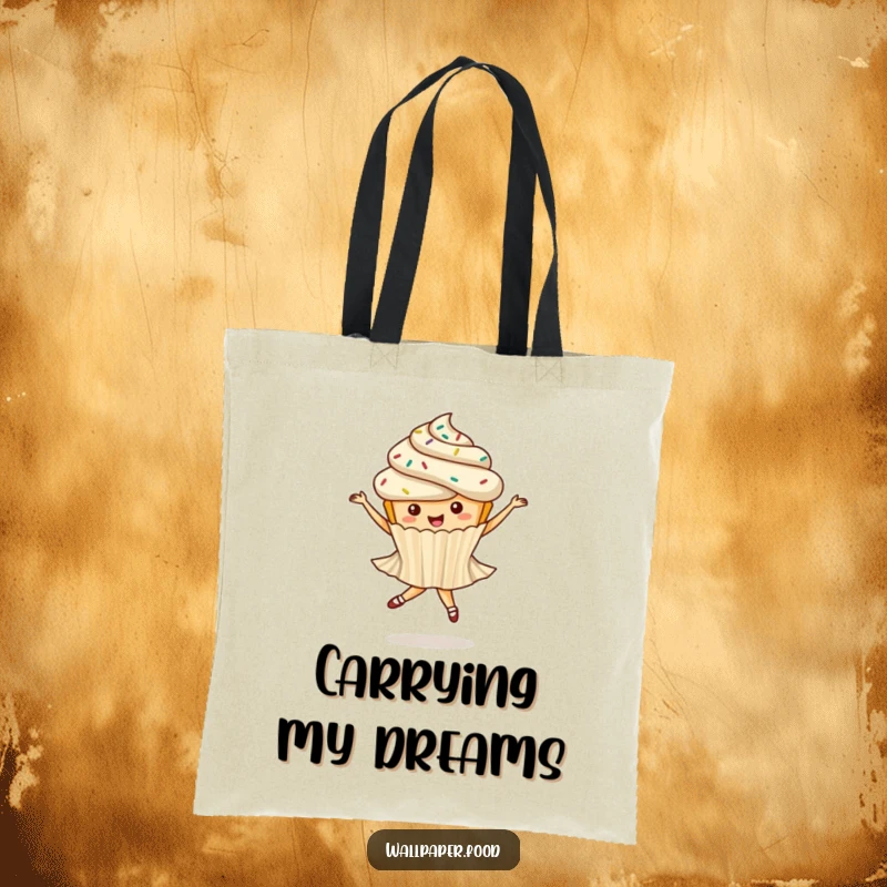 Funny tote bag featuring a whimsical cupcake with sprinkles doing a ballet twirl, ideal for carrying daily necessities with flair.