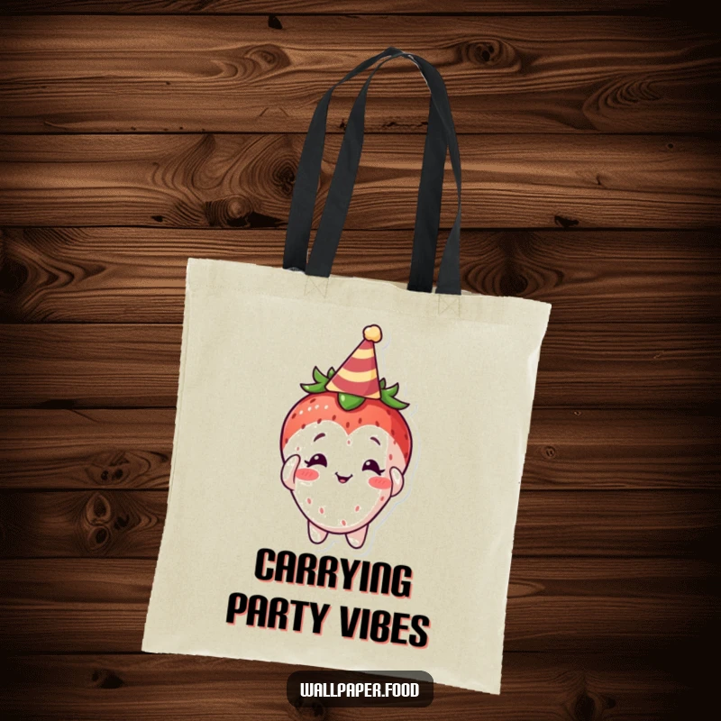 Funny Curious Strawberry Tote Bag, a cute fruit character getting ready for a party by adjusting its tiny hat.