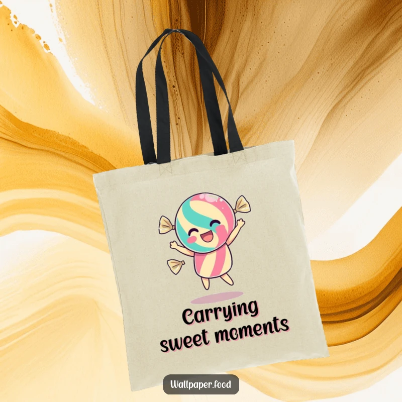 Funny tote bag illustrating a dancing candy character inside its wrapper, shimmering with excitement, perfect for carrying essentials with sweetness.