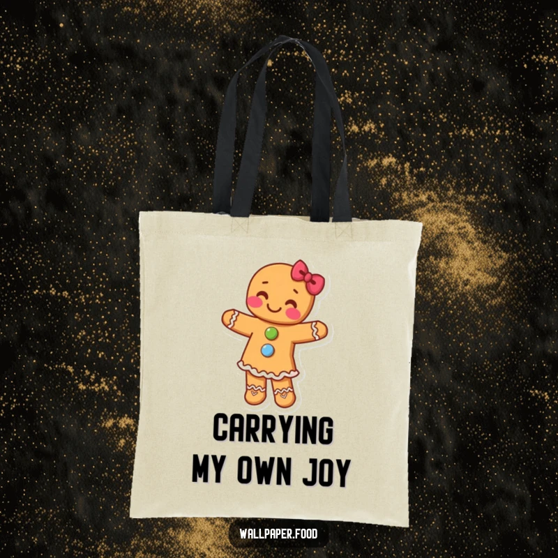 Funny tote bag with a gingerbread person character with candy buttons dancing with pure glee, perfect for holiday shopping.