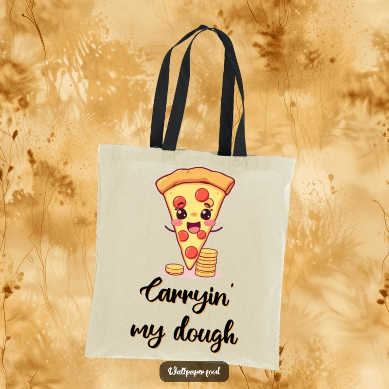 Funny tote bag with a joyful pizza slice winking while balancing coins, perfect for shopping and everyday lucky carry.