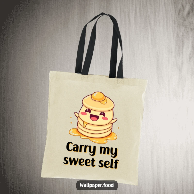 Funny Tote Bag: A beaming pancake character happily sloshing in syrup, perfect for carrying essentials with a side of breakfast humor.