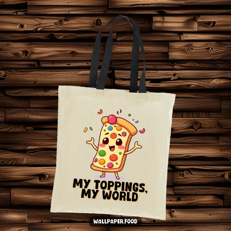 Funny tote bag featuring a pizza slice character joyfully juggling an array of colorful toppings, ready to carry your essentials with flair.