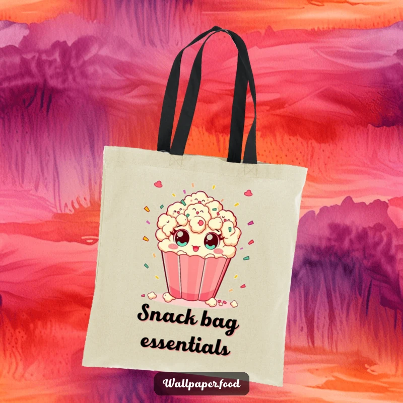 Funny tote bag with a playful popcorn character joyfully scattering confetti, ideal for carrying essentials with a festive flair.