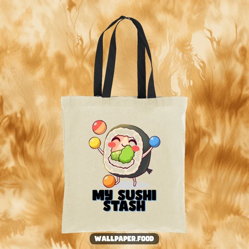 Funny Sushi Juggling Tote Bag depicting a grinning sushi roll with tiny feet, skillfully juggling three colorful balls, a humorous accessory.