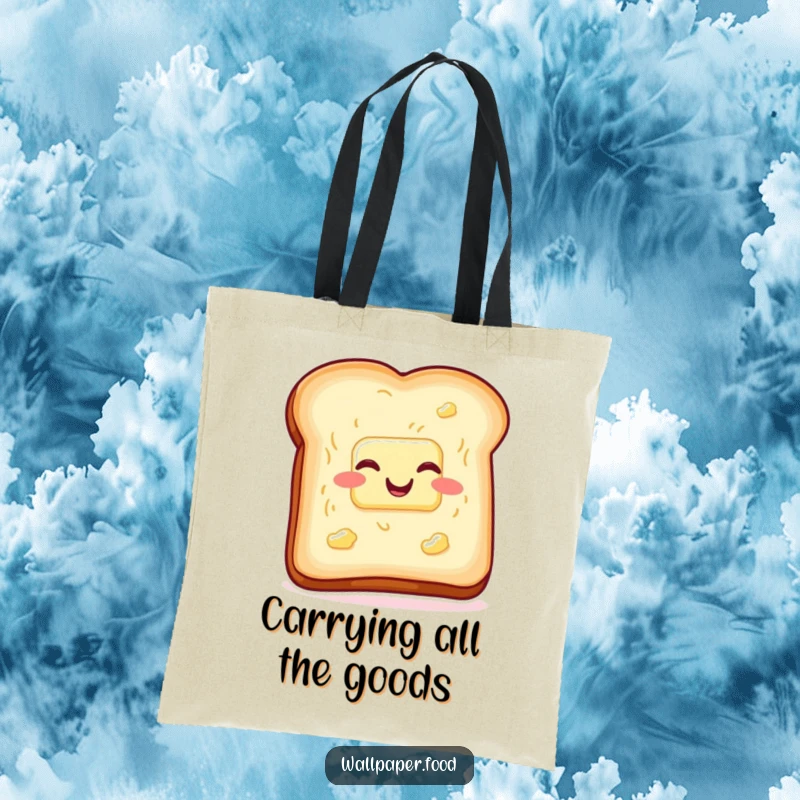 Funny toast and butter tote bag, wiggling with glee, perfect for carrying items with breakfast humor. Great funny gift.