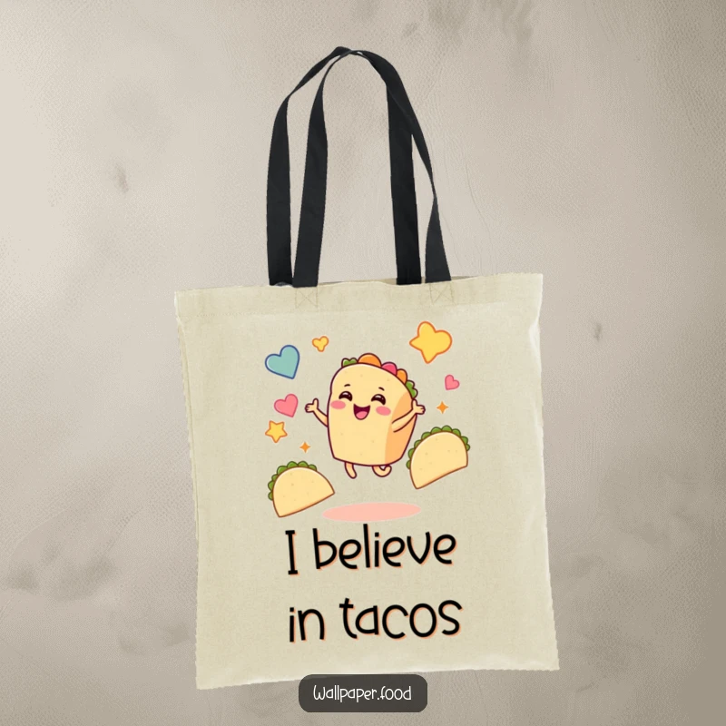 Funny taco tote bag featuring a smiling taco character dancing joyfully, surrounded by floating taco shapes, perfect for carrying fun.
